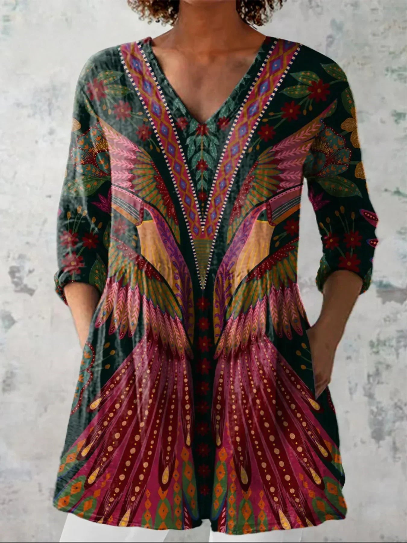 Saar | Tropische Vogel V-Hals Shirt