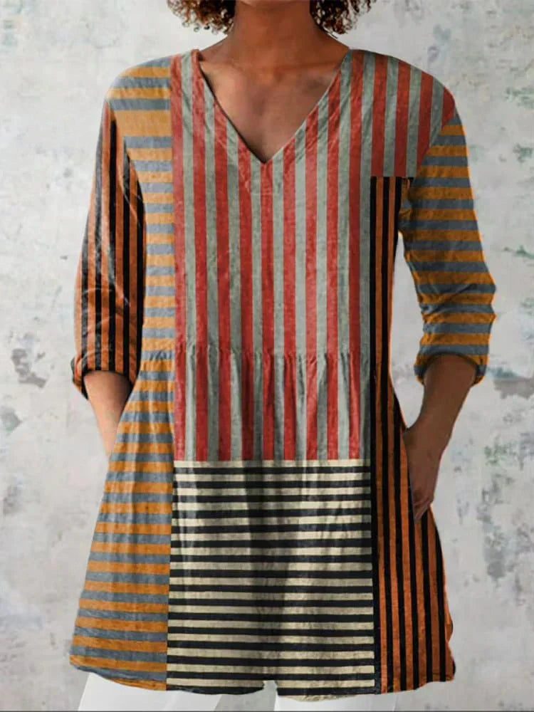 Tess | Gestreept Patchwork V-Hals Shirt