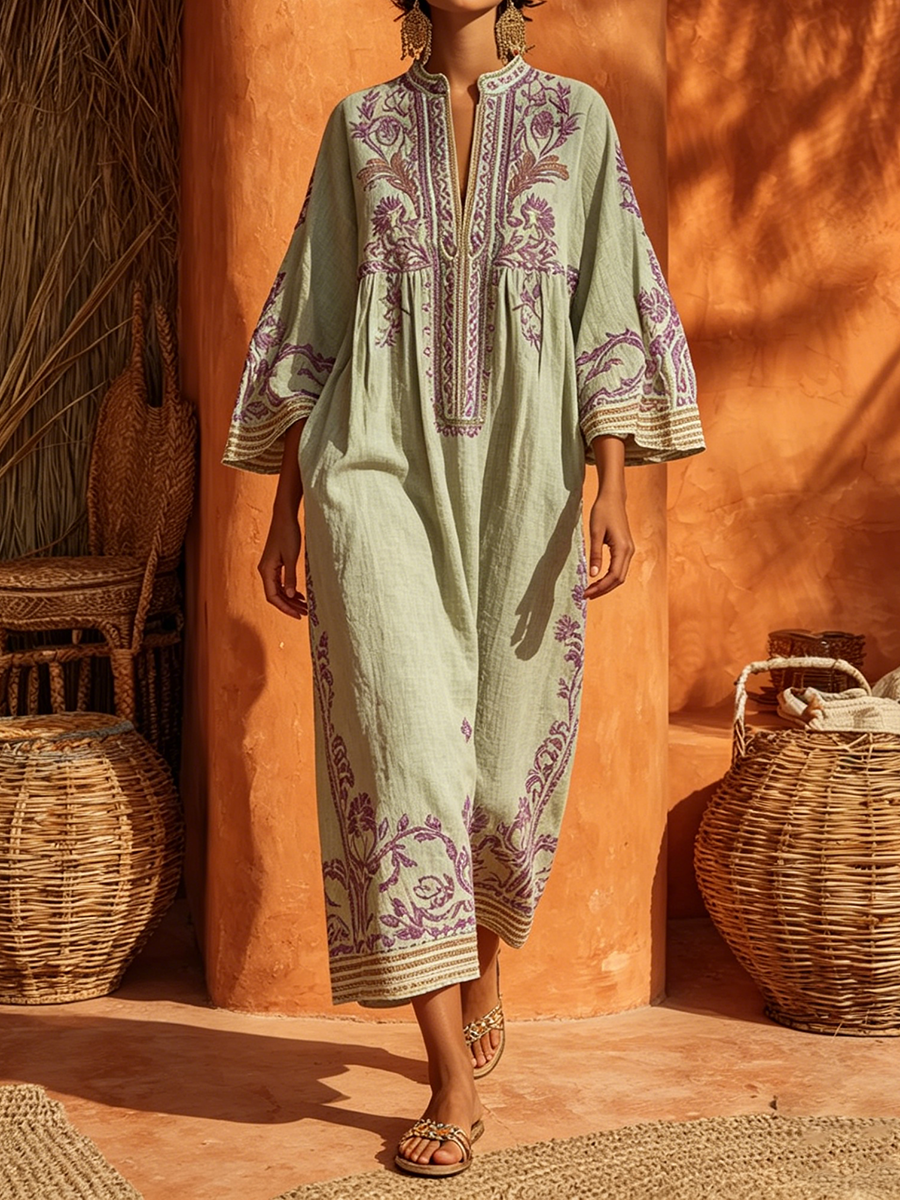 ROSALIE | Geborduurde Mediterrane Maxi-jurk