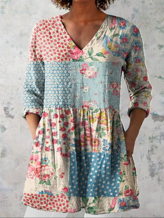 Yara | Bloemen Patchwork V-Hals Shirt