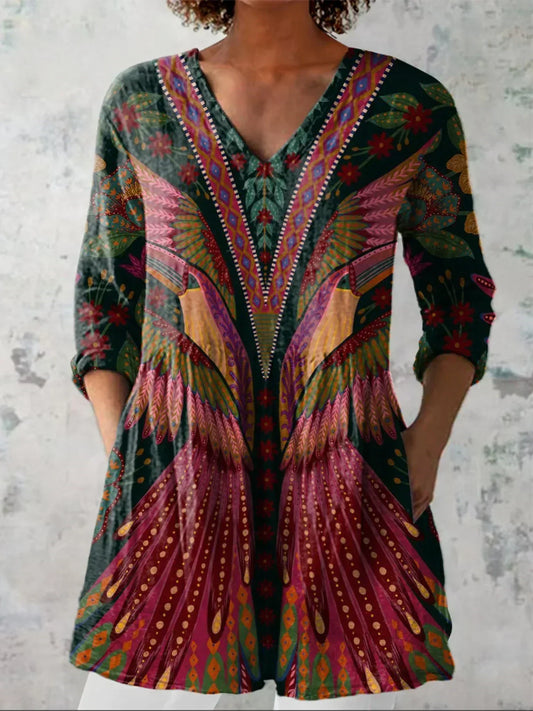 Saar | Tropische Vogel V-Hals Shirt