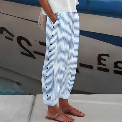TESS | Gestreepte Pantalon met Knoopdetail | 1+1 GRATIS