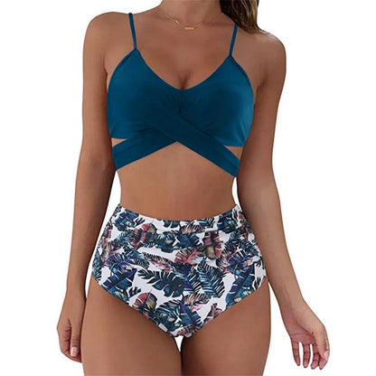 Belle High Waisted bikini - Blauw met bloemen