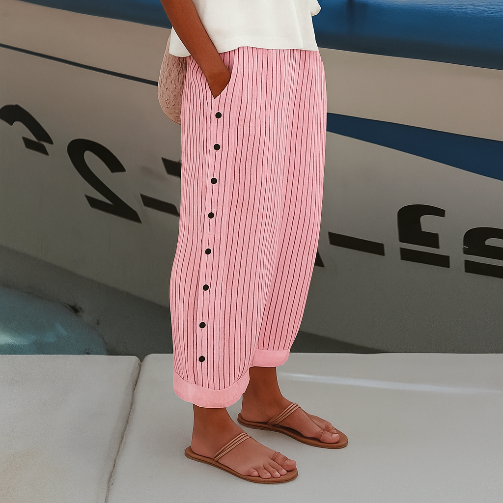 TESS | Gestreepte Pantalon met Knoopdetail | 1+1 GRATIS