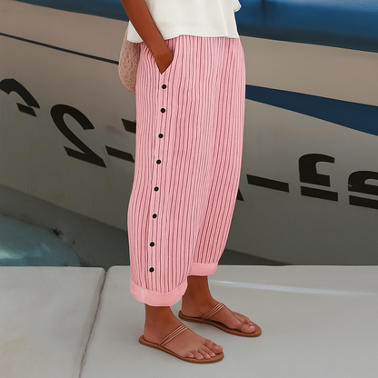 TESS | Gestreepte Pantalon met Knoopdetail | 1+1 GRATIS