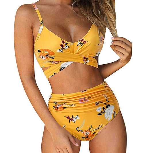 Belle High Waisted bikini - Geel met bloemen