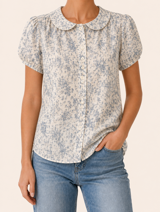 SOFIE klassieke bloemenblouse dusty blue Maison Noor
