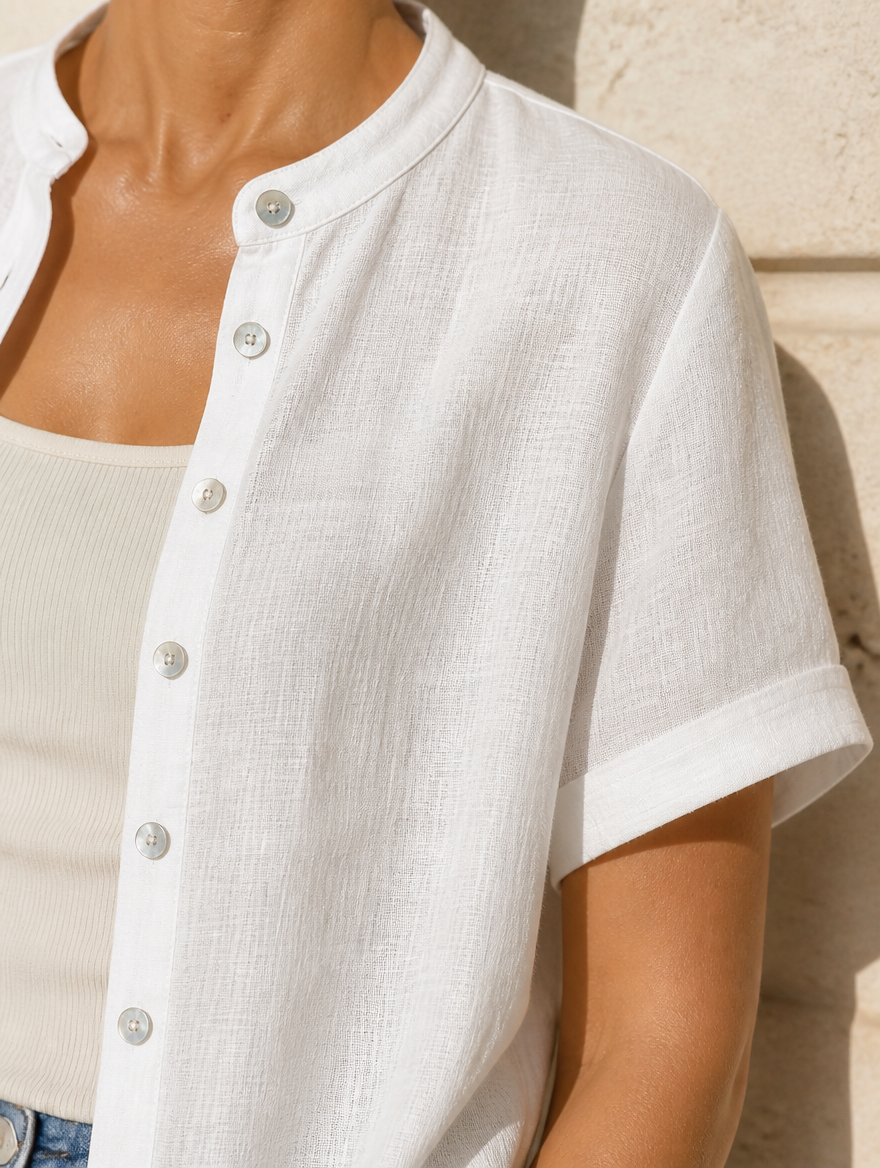 NOVA oversized blouse close-up linnen knoop detail