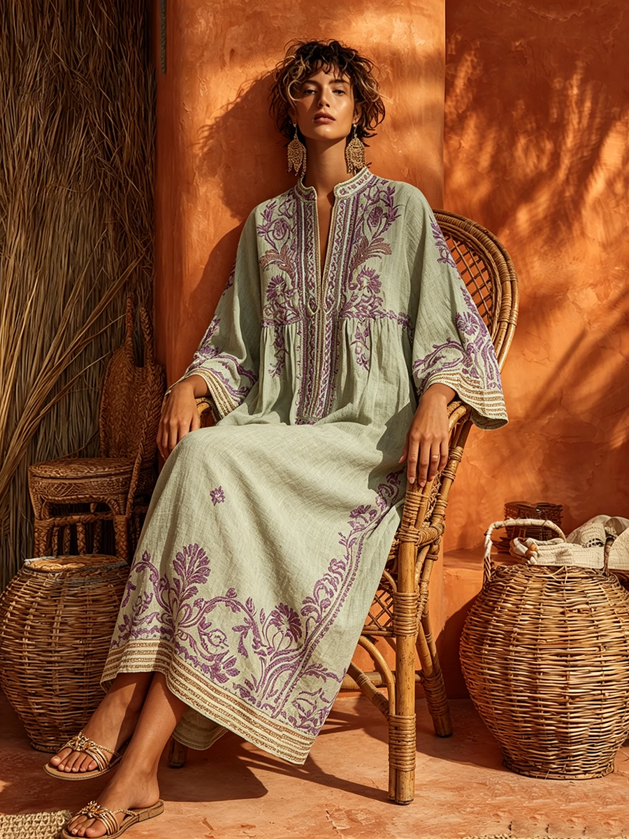 ROSALIE | Geborduurde Mediterrane Maxi-jurk